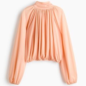 H&M Peach Gathered Mock Neck Long-Sleeve Blouse